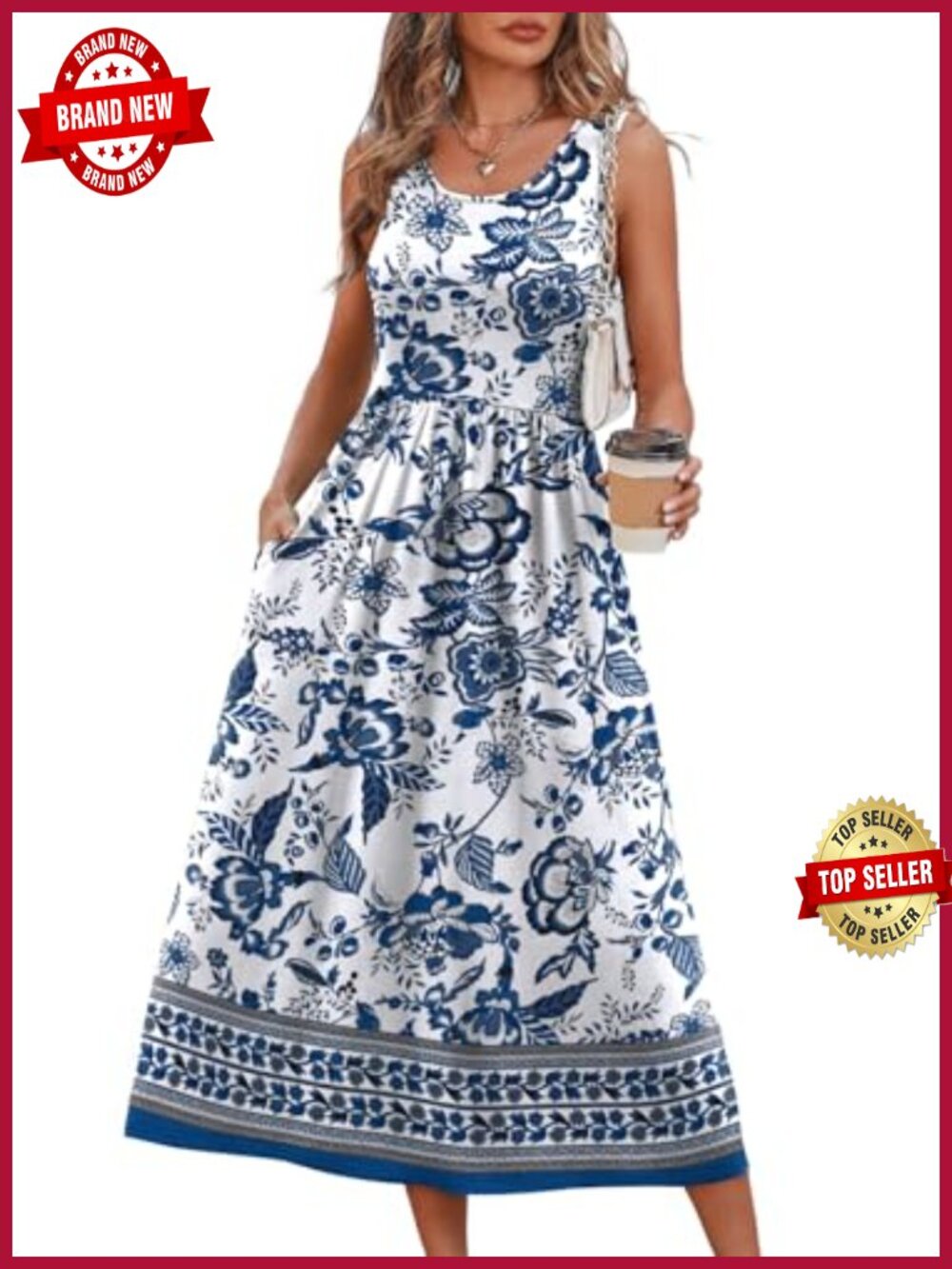 Flowy Sleeveless Scoop Neck Midi A-Line Casual Sundress for Women